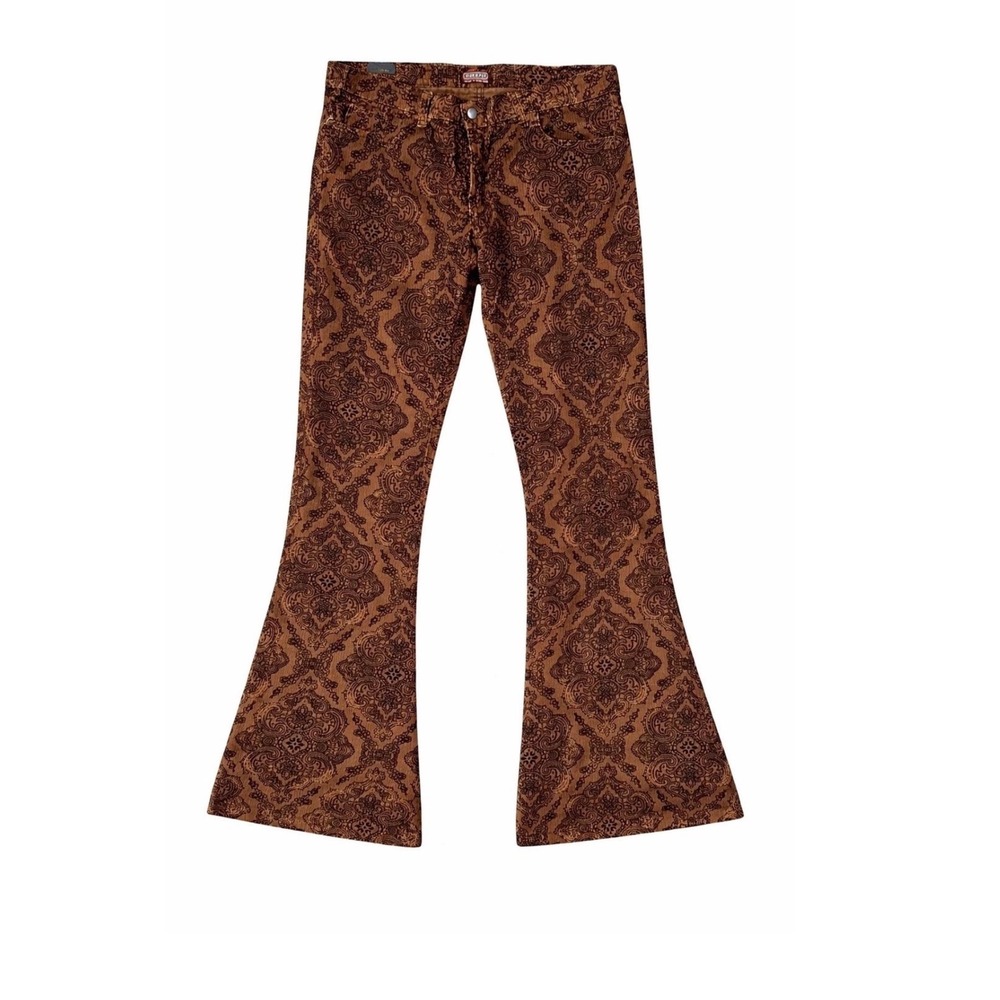 Run & Fly Paisley Corduroy Bell Bottoms Pants 70s Men Brown size 34L Boho